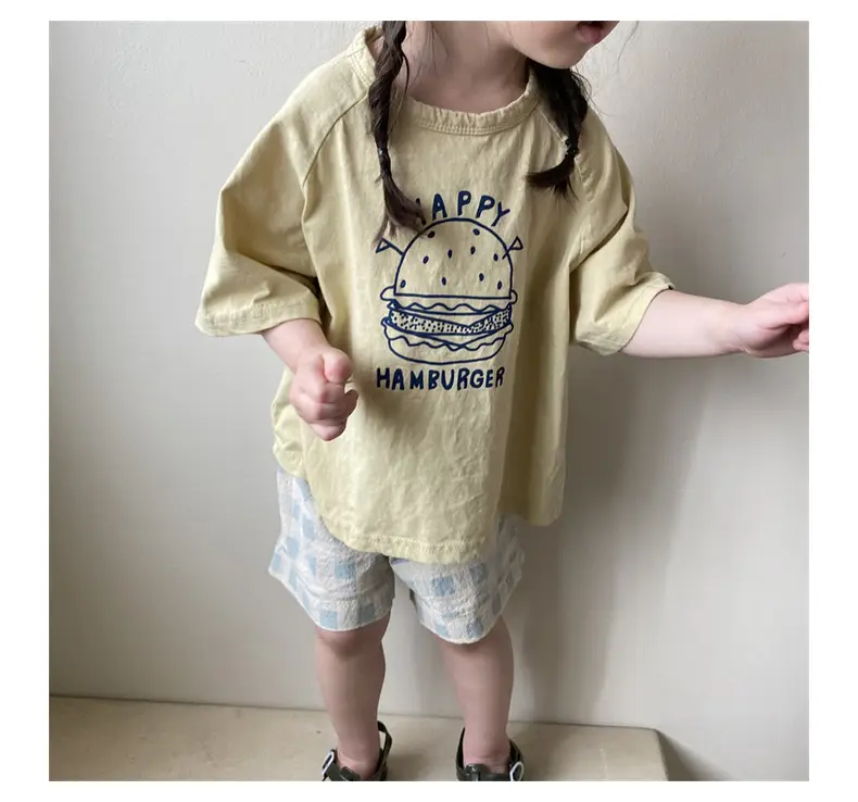 Korean Style Kids Summer T-Shirt Yellow Cartoon Hamburger Loose Fit — feature 7