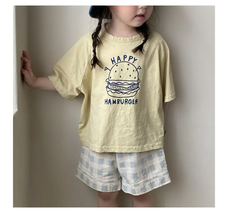 Korean Style Kids Summer T-Shirt Yellow Cartoon Hamburger Loose Fit — feature 8