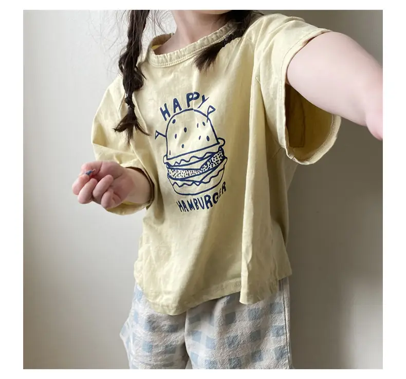 Korean Style Kids Summer T-Shirt Yellow Cartoon Hamburger Loose Fit — feature 9