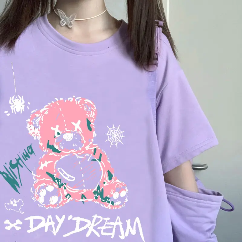 Women 2022 Velvet T-Shirt with Pink Bear Print