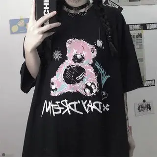 Women 2022 Velvet T-Shirt with Pink Bear Print