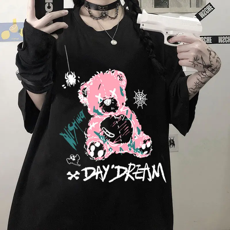 Women 2022 Velvet T-Shirt with Pink Bear Print