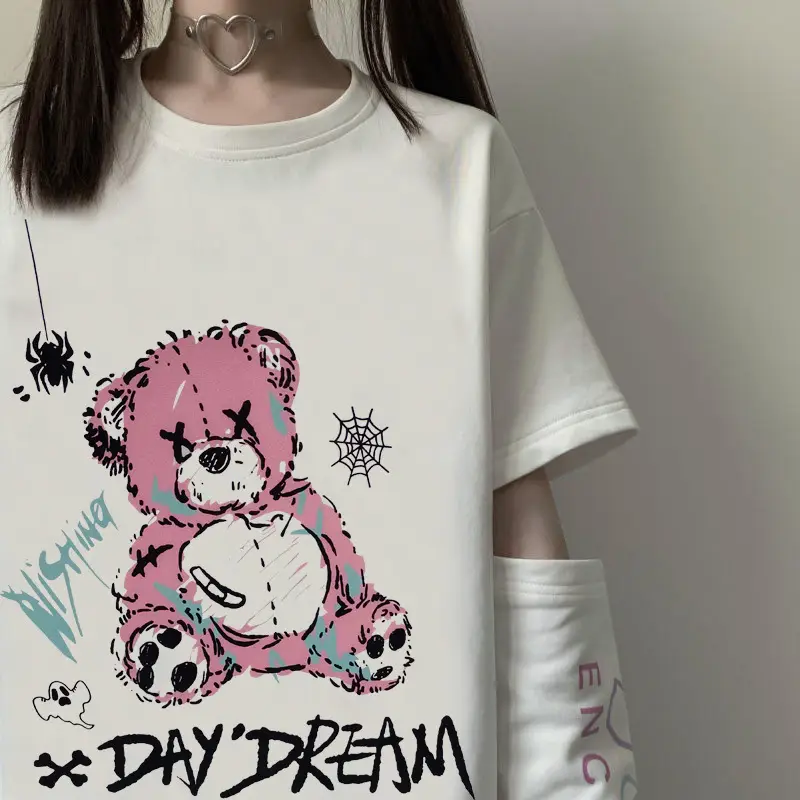 Women 2022 Velvet T-Shirt with Pink Bear Print