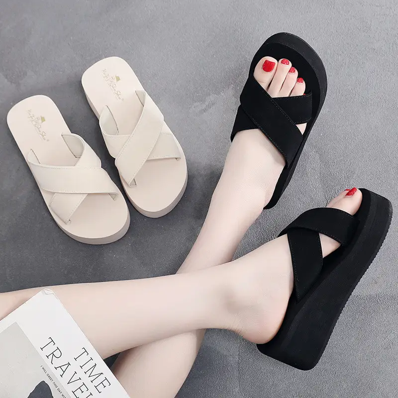 Women Cross Strap Wedge Sandals Black Summer