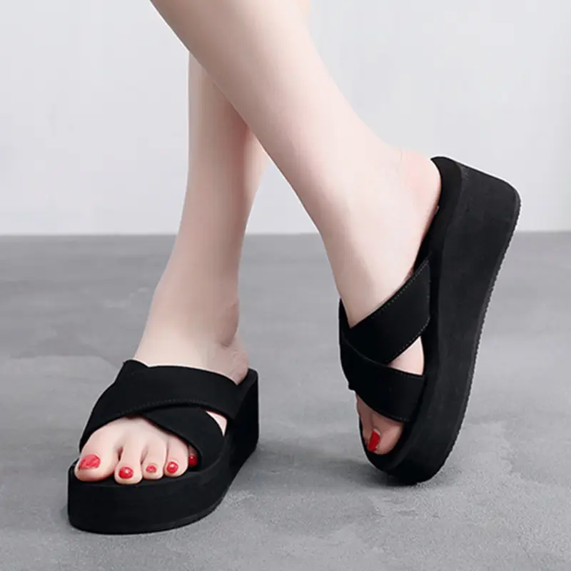 Women Cross Strap Wedge Sandals Black Summer