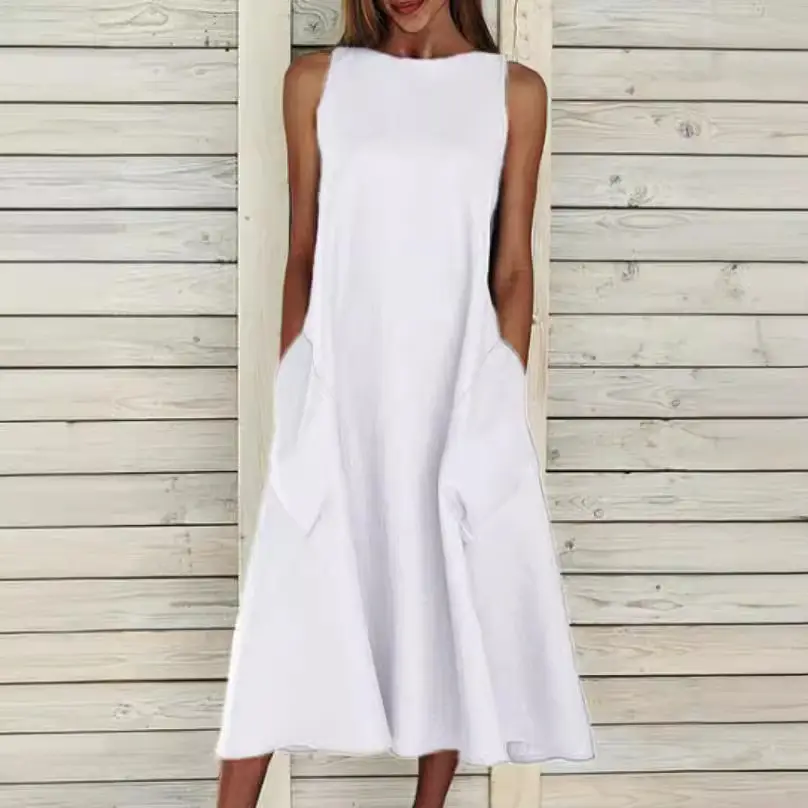 Light Blue Sleeveless Round Neck Long Skirt Dress