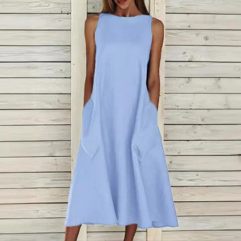 Light Blue Sleeveless Round Neck Long Skirt Dress