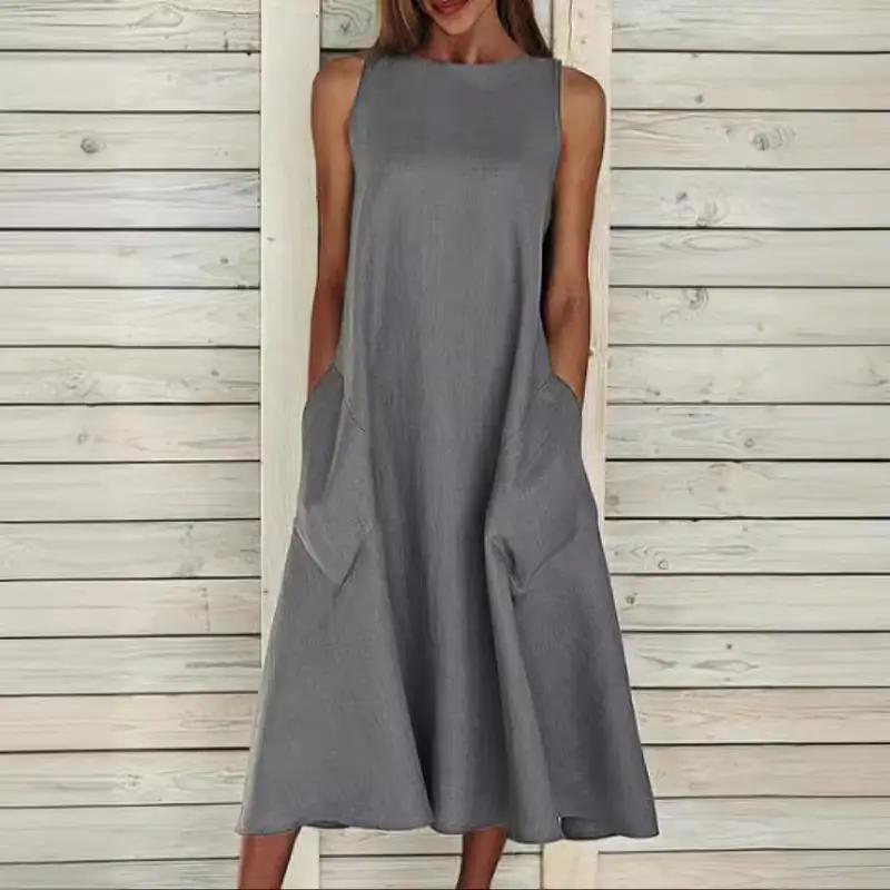 Light Blue Sleeveless Round Neck Long Skirt Dress