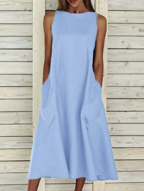 Light Blue Sleeveless Round Neck Long Skirt Dress