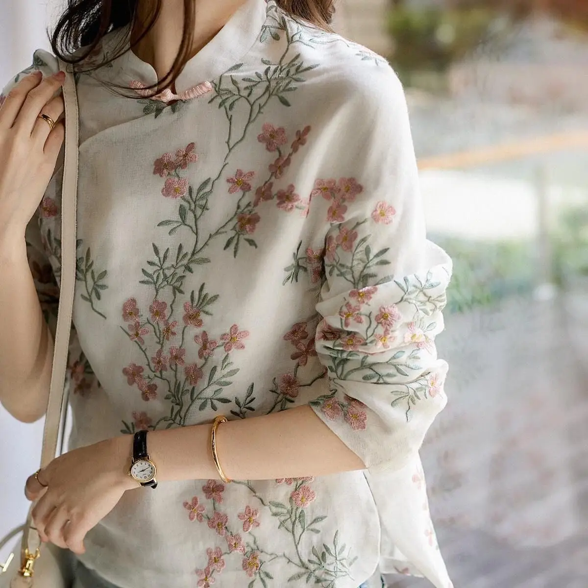 Peach Blossom Printed Cheongsam Top for Women - Image 3