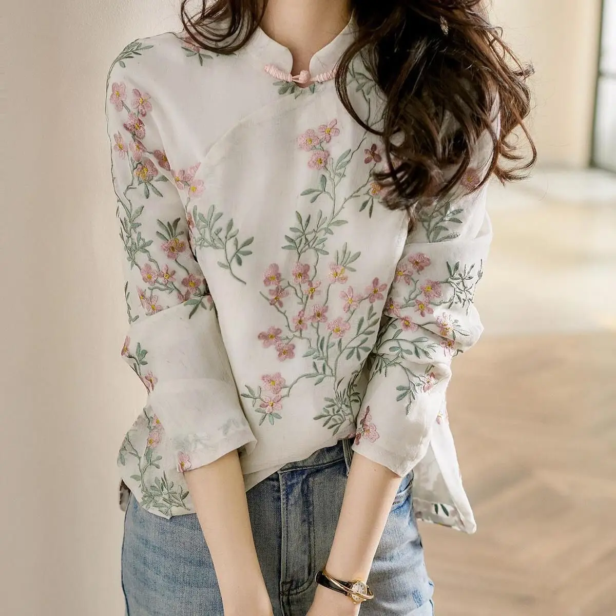 Peach Blossom Printed Cheongsam Top for Women - Image 4