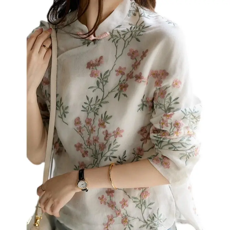 Peach Blossom Printed Cheongsam Top for Women - Image 6
