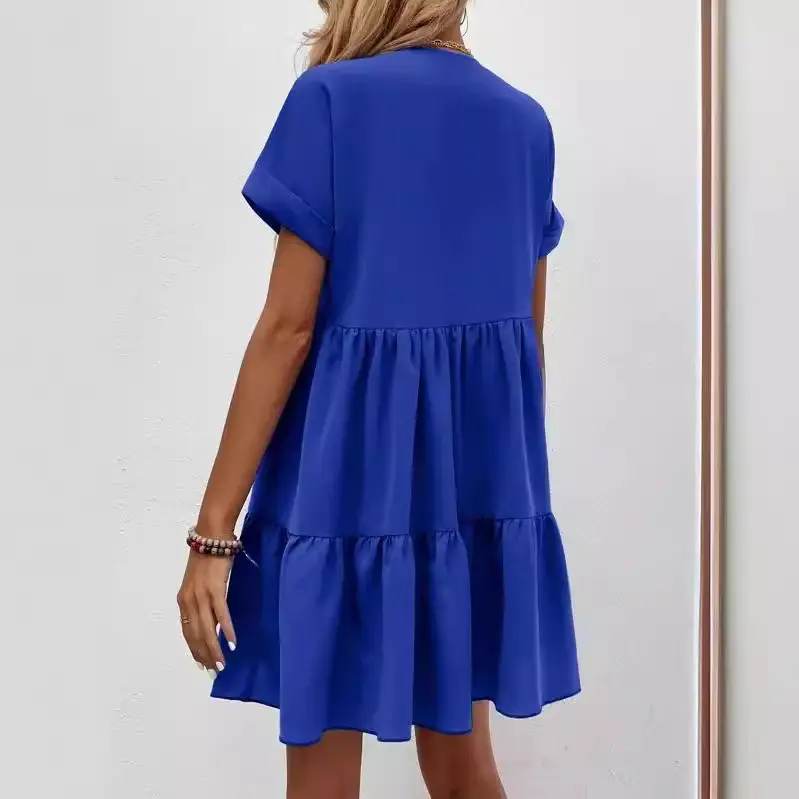Blue V Neck Summer Dress Large Hem Casual Skirt