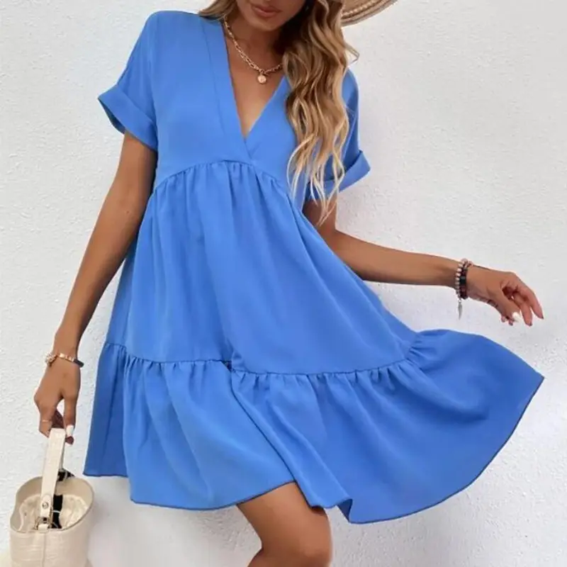 Blue V Neck Summer Dress Large Hem Casual Skirt