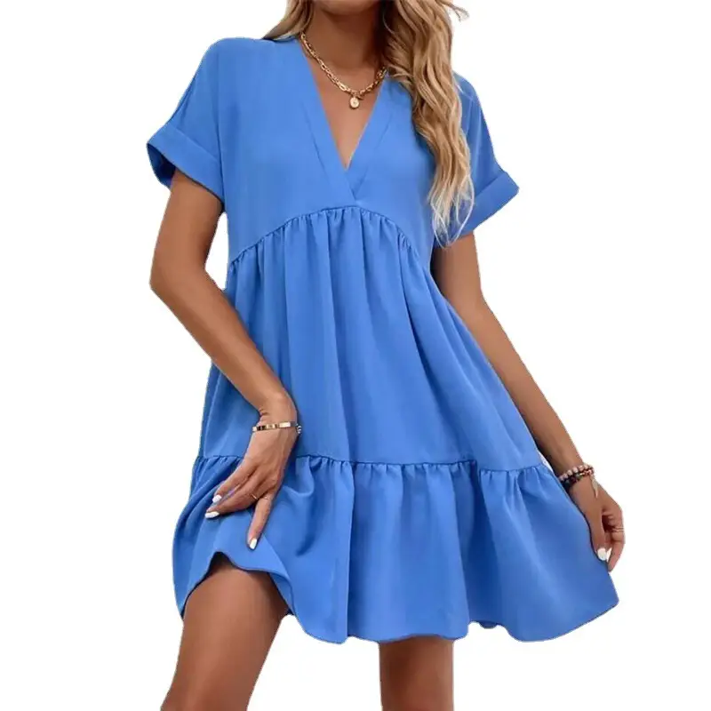 Blue V Neck Summer Dress Large Hem Casual Skirt