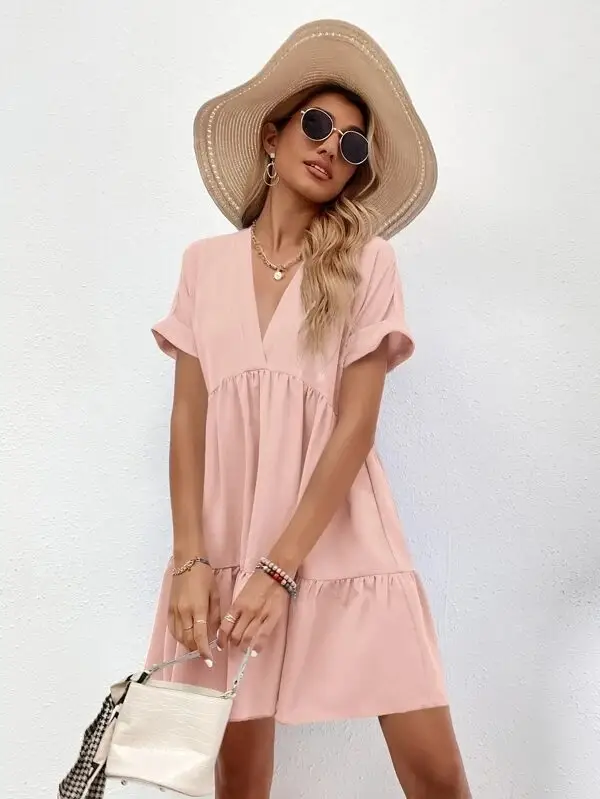 Blue V Neck Summer Dress Large Hem Casual Skirt