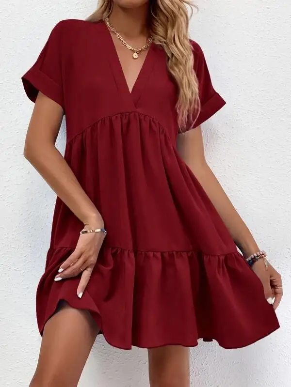 Blue V Neck Summer Dress Large Hem Casual Skirt