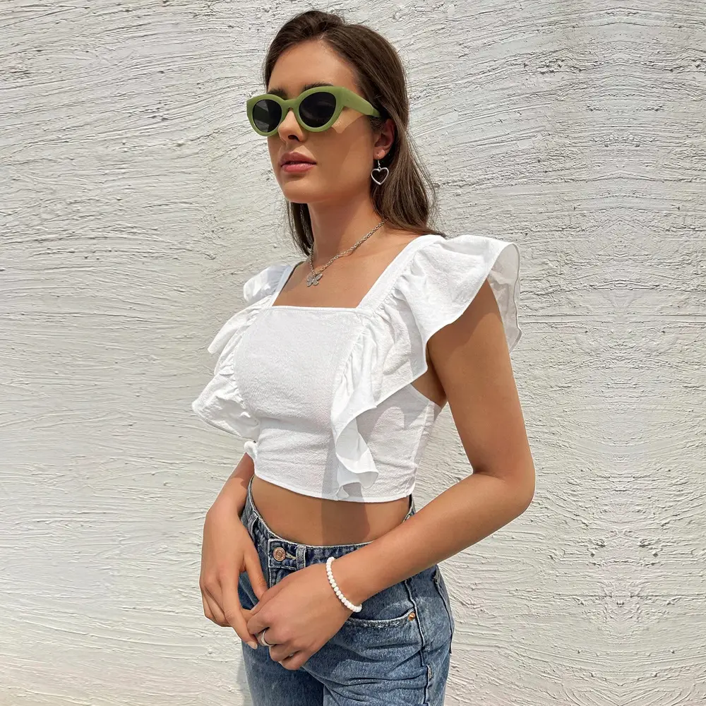 Women Backless Tie-Up Ruffle Sleeve T-Shirt Tank Top