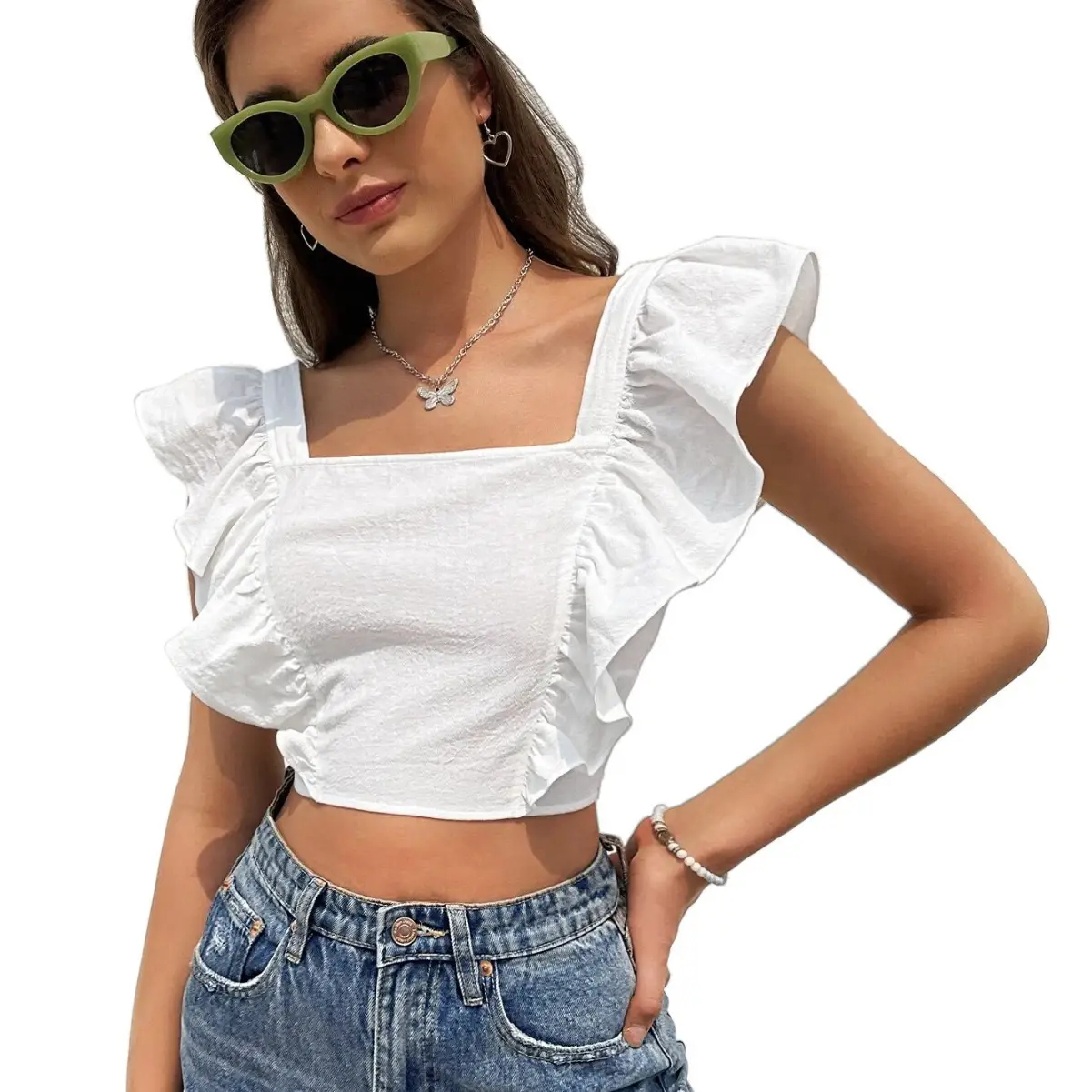 Women Backless Tie-Up Ruffle Sleeve T-Shirt Tank Top