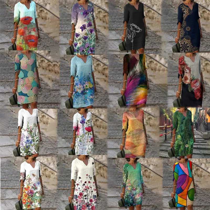2022 V-Neck Pullover Dress with Leaf Print - Image 20