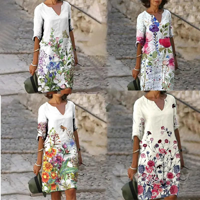 2022 V-Neck Pullover Dress with Leaf Print - Image 22