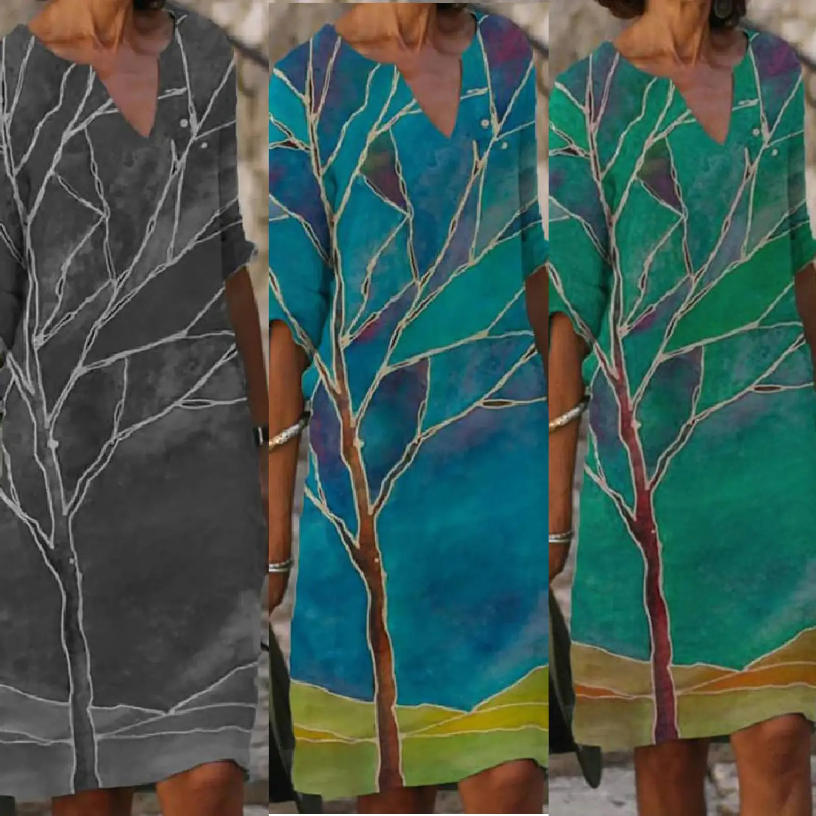 2022 V-Neck Pullover Dress with Leaf Print - Image 23