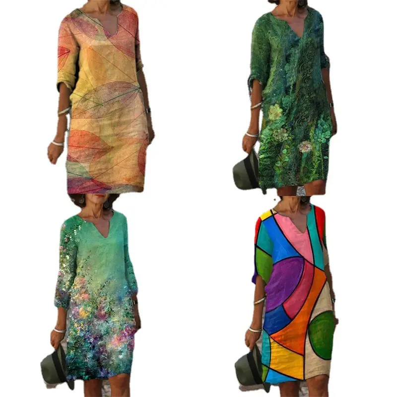 2022 V-Neck Pullover Dress with Leaf Print - Image 24