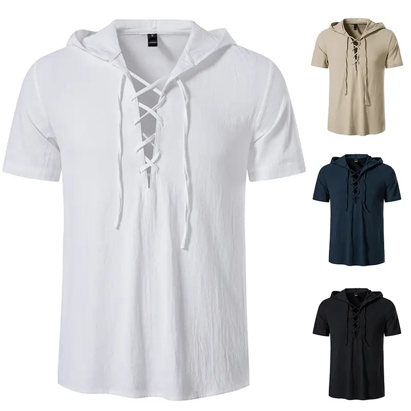 Men Navy Cotton Hooded Short Sleeve Shirt - Image 5
