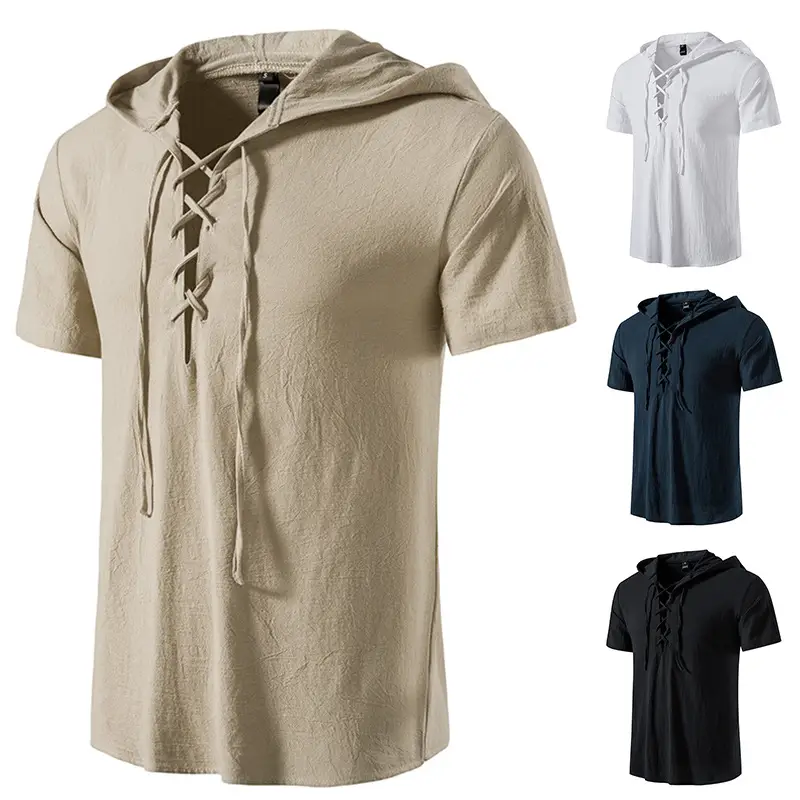Men Navy Cotton Hooded Short Sleeve Shirt - Image 6