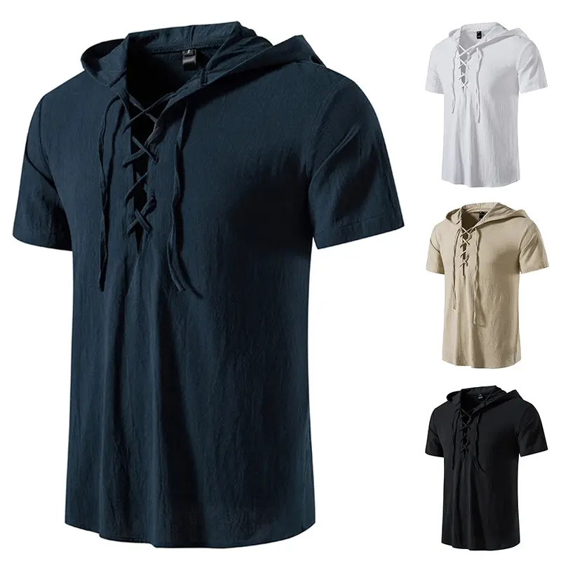 Men Navy Cotton Hooded Short Sleeve Shirt - Image 7