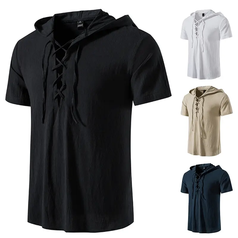 Men Navy Cotton Hooded Short Sleeve Shirt - Image 8