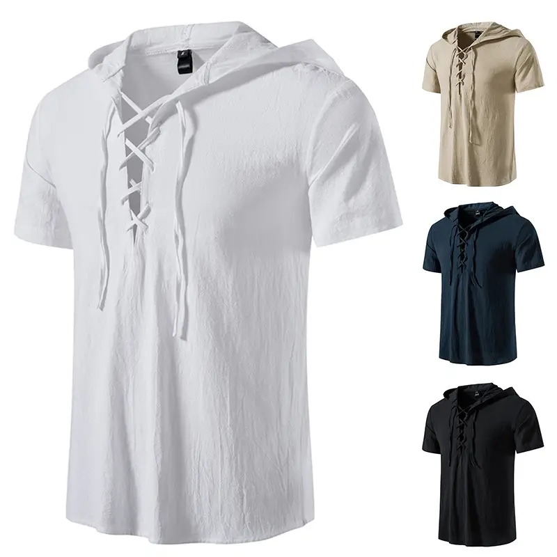 Men Navy Cotton Hooded Short Sleeve Shirt - Image 9