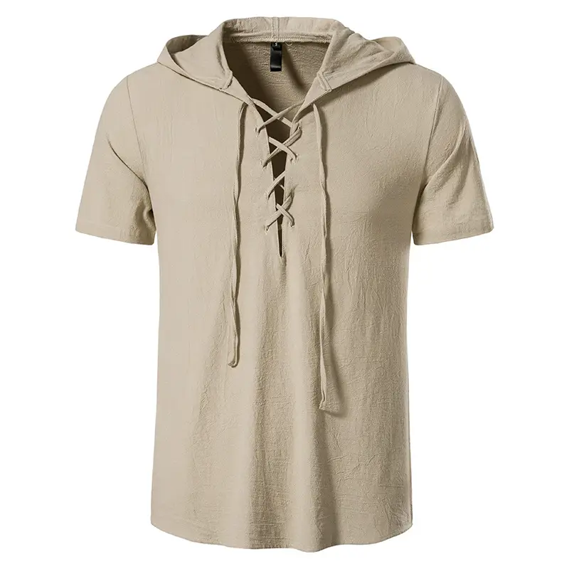 Men Navy Cotton Hooded Short Sleeve Shirt — feature 2