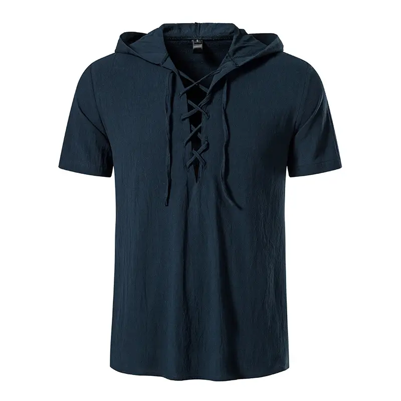 Men Navy Cotton Hooded Short Sleeve Shirt — feature 21