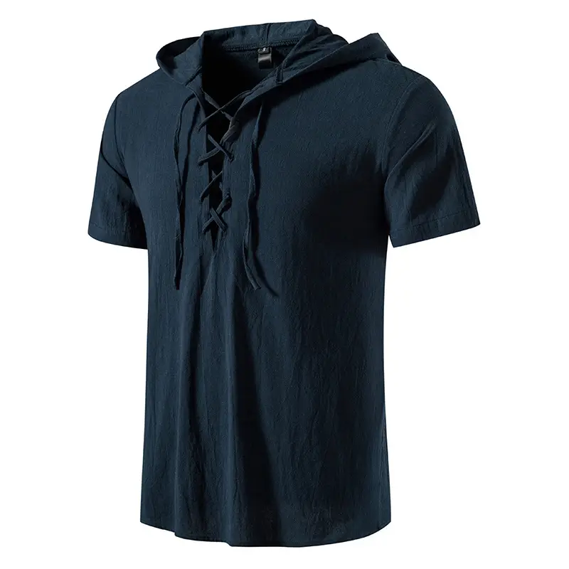Men Navy Cotton Hooded Short Sleeve Shirt — feature 22