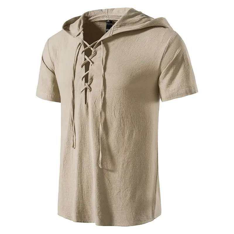 Men Navy Cotton Hooded Short Sleeve Shirt — feature 3