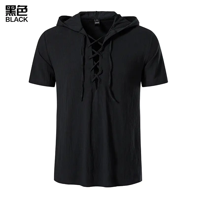 Men Navy Cotton Hooded Short Sleeve Shirt - Image 2