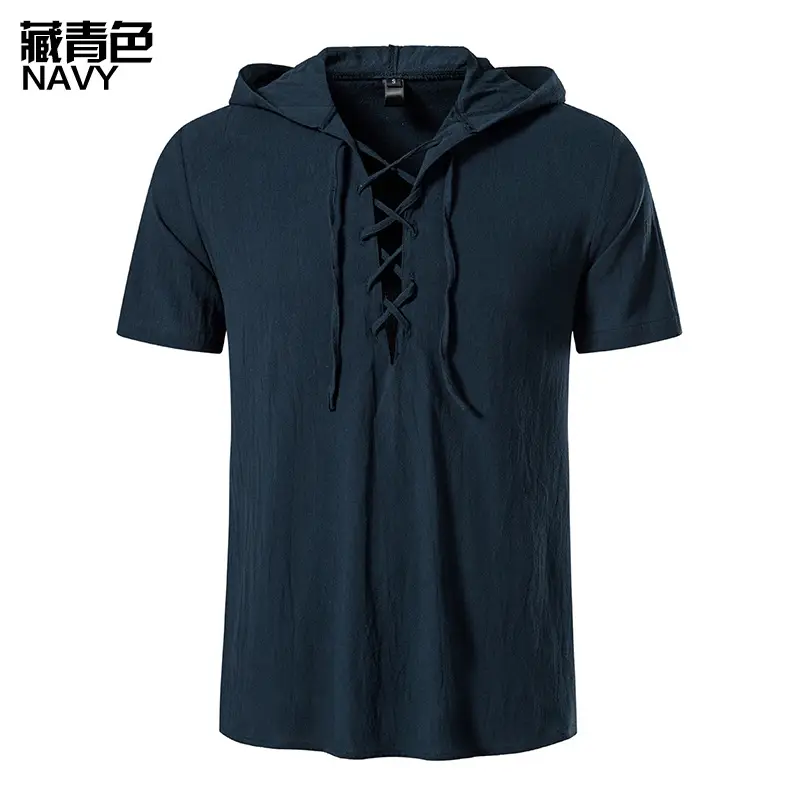 Men Navy Cotton Hooded Short Sleeve Shirt - Image 3