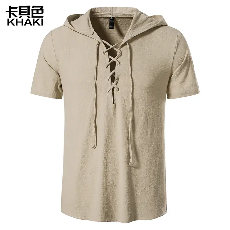 Men Navy Cotton Hooded Short Sleeve Shirt - Image 4