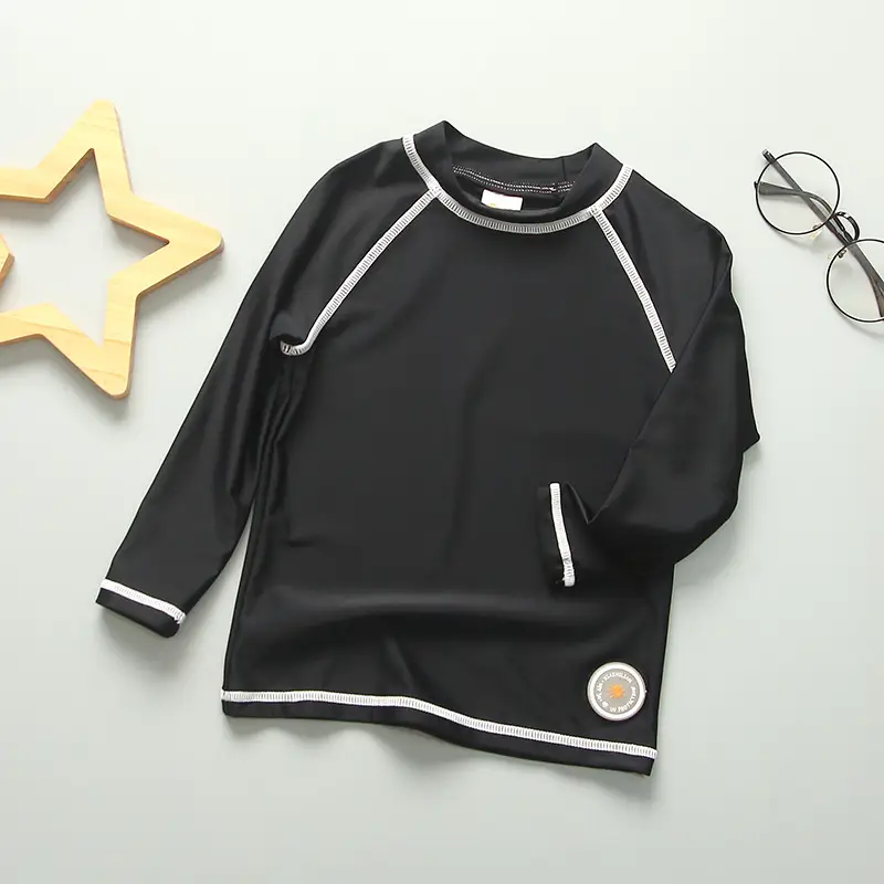 Kids Long Sleeve Black Swim Top with White Trim