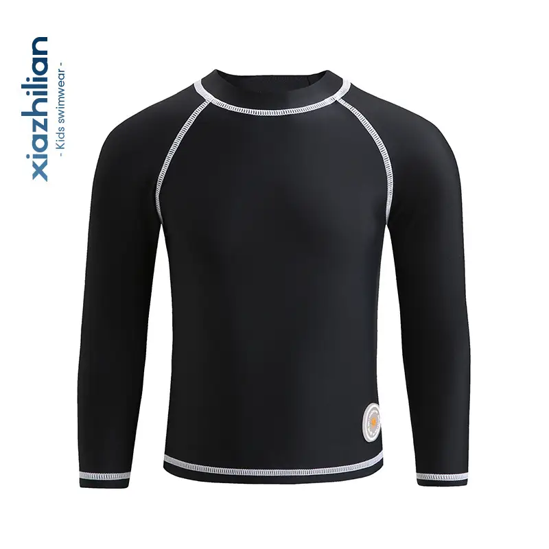 Kids Long Sleeve Black Swim Top with White Trim