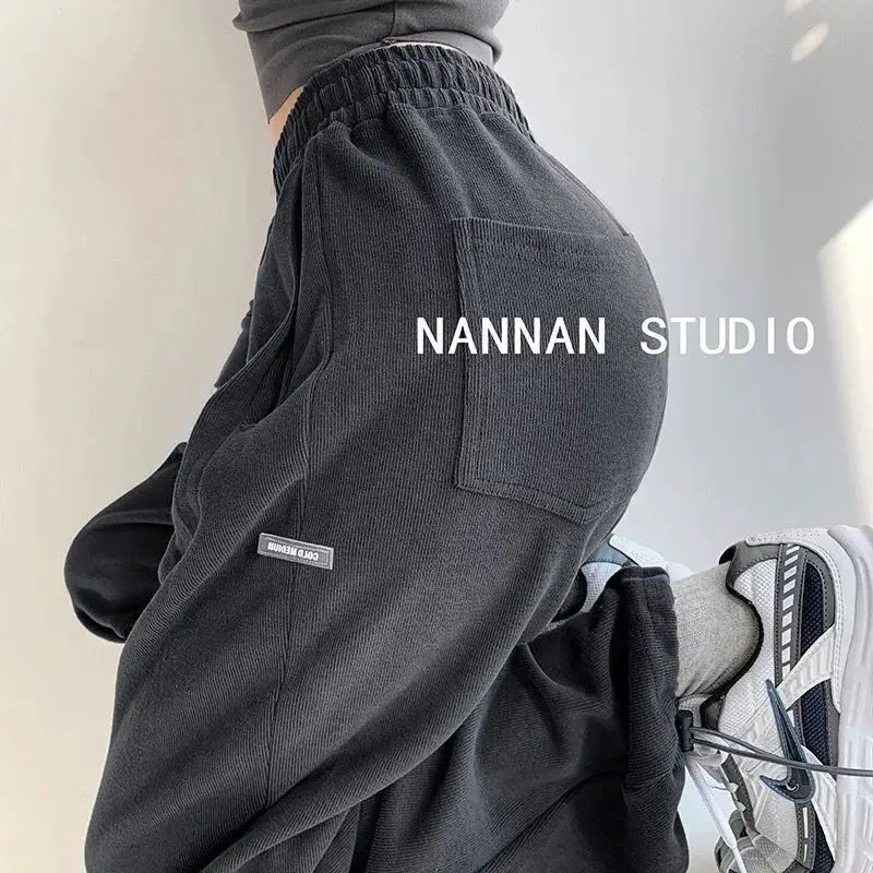 Women's Blue Loose Sports Pants Casual Winter Grey High Waist