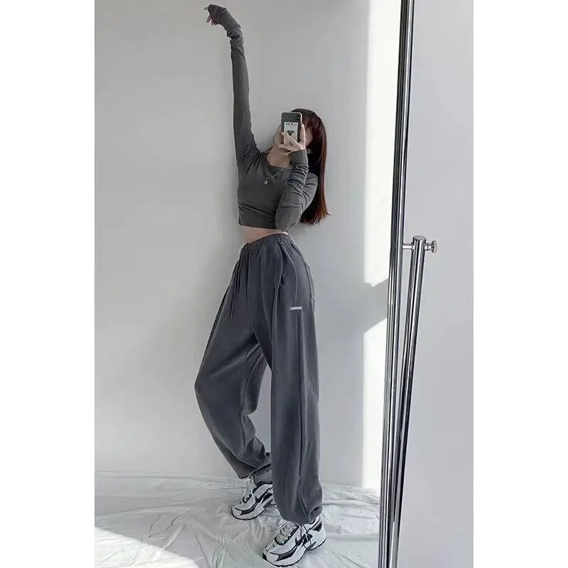 Women's Blue Loose Sports Pants Casual Winter Grey High Waist