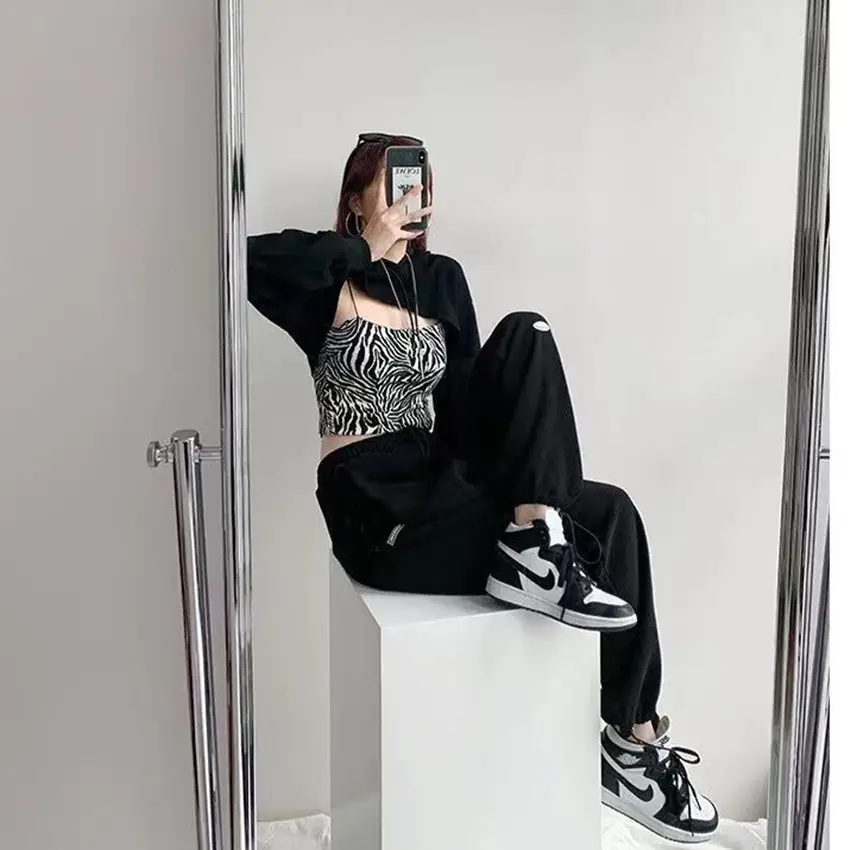 Women's Blue Loose Sports Pants Casual Winter Grey High Waist