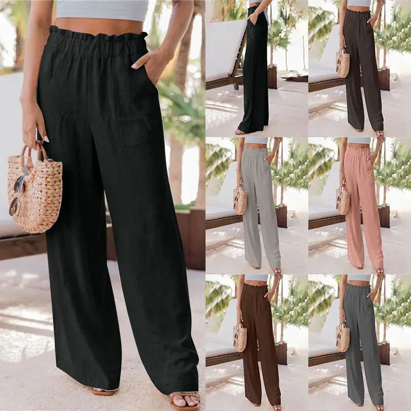 2023 Women's Black Wide Leg Ruffled Pocket Pants - Image 4