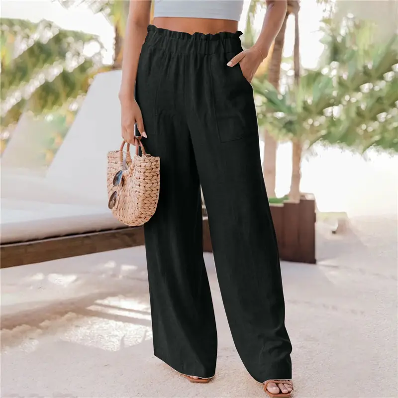 2023 Women's Black Wide Leg Ruffled Pocket Pants - Image 2