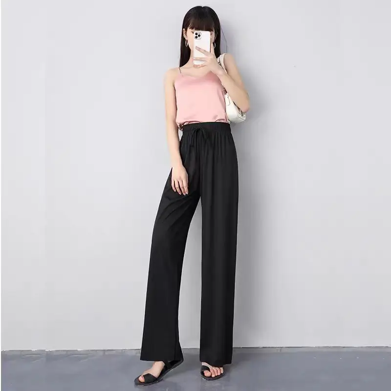 Women Ice Silk Wide Leg Pants Black Slimming Summer - Image 16