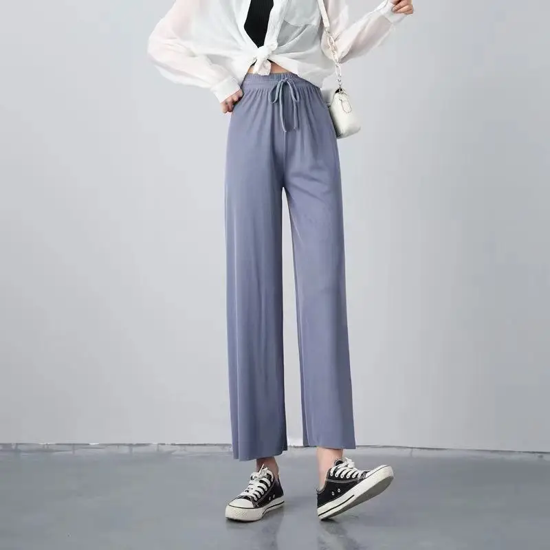 Women Ice Silk Wide Leg Pants Black Slimming Summer - Image 11
