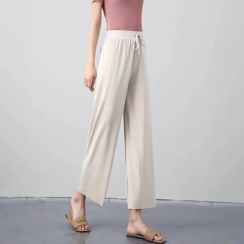 Women Ice Silk Wide Leg Pants Black Slimming Summer - Image 12