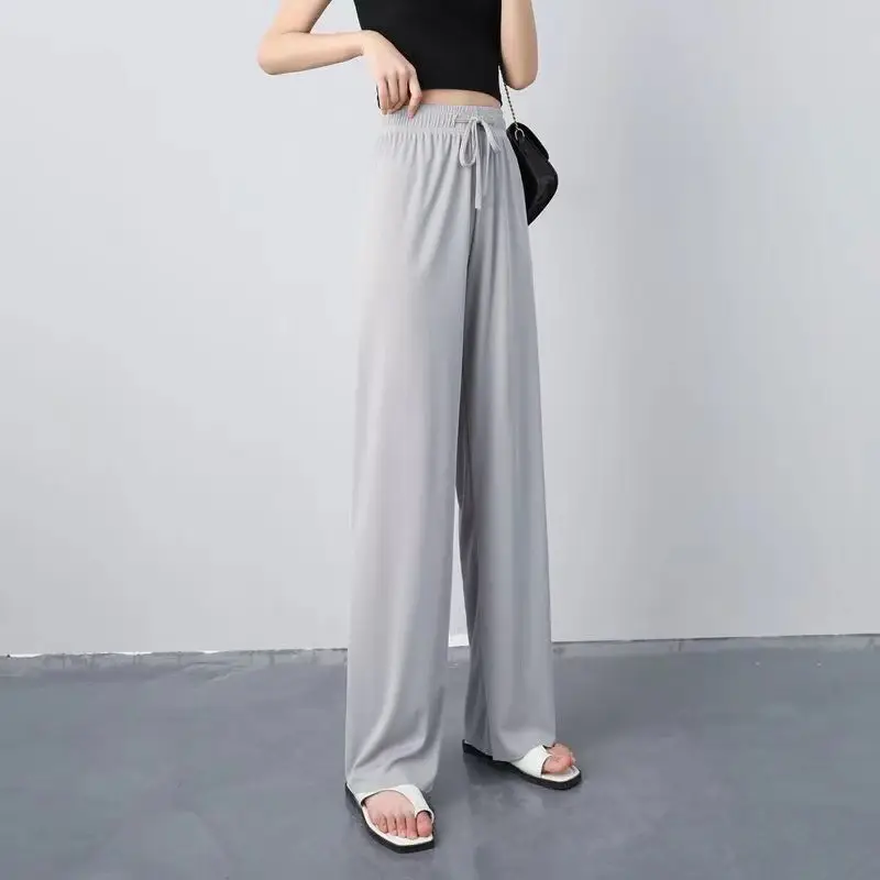 Women Ice Silk Wide Leg Pants Black Slimming Summer - Image 2